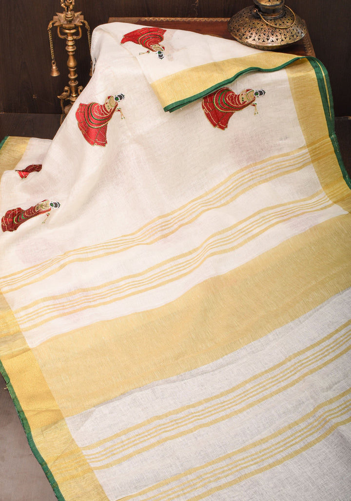 Vidya Balan Dandiya Embroidery on Off White Pure Linen by Linen Saree with Green Borders