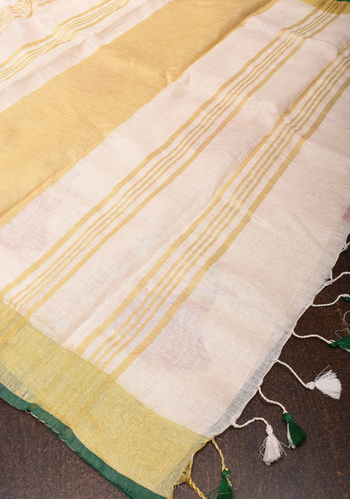 Vidya Balan Dandiya Embroidery on Off White Pure Linen by Linen Saree with Green Borders