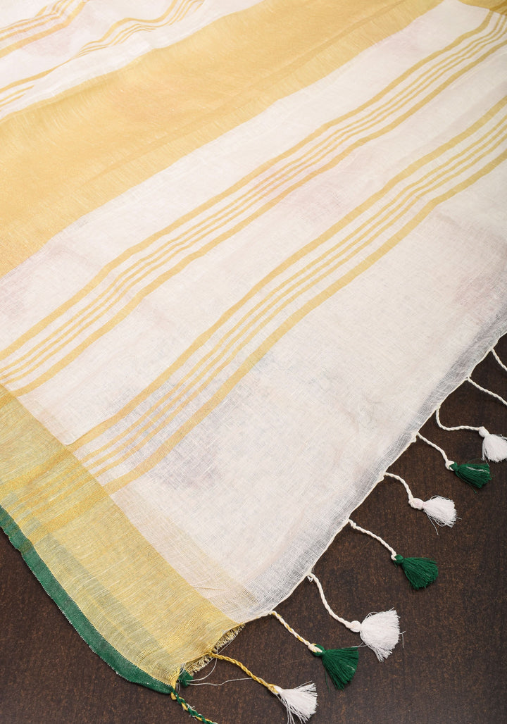 Vidya Balan Dandiya Embroidery on Off White Pure Linen by Linen Saree with Green Borders