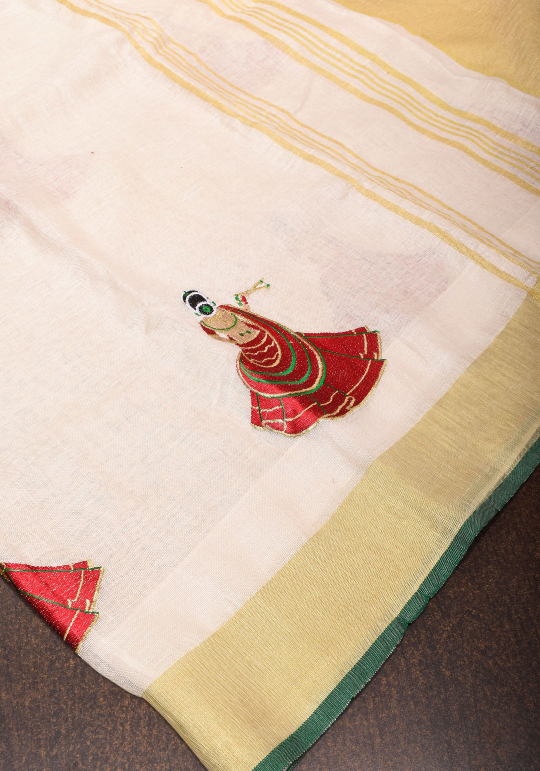 Vidya Balan Dandiya Embroidery on Off White Pure Linen by Linen Saree with Green Borders