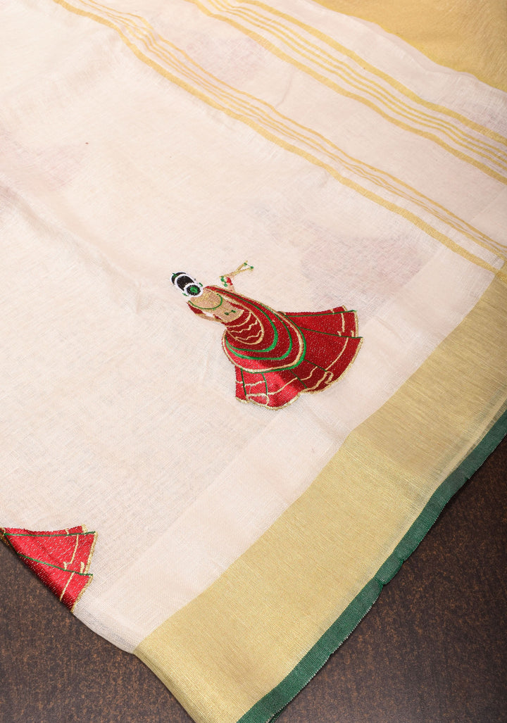 Vidya Balan Dandiya Embroidery on Off White Pure Linen by Linen Saree with Green Borders