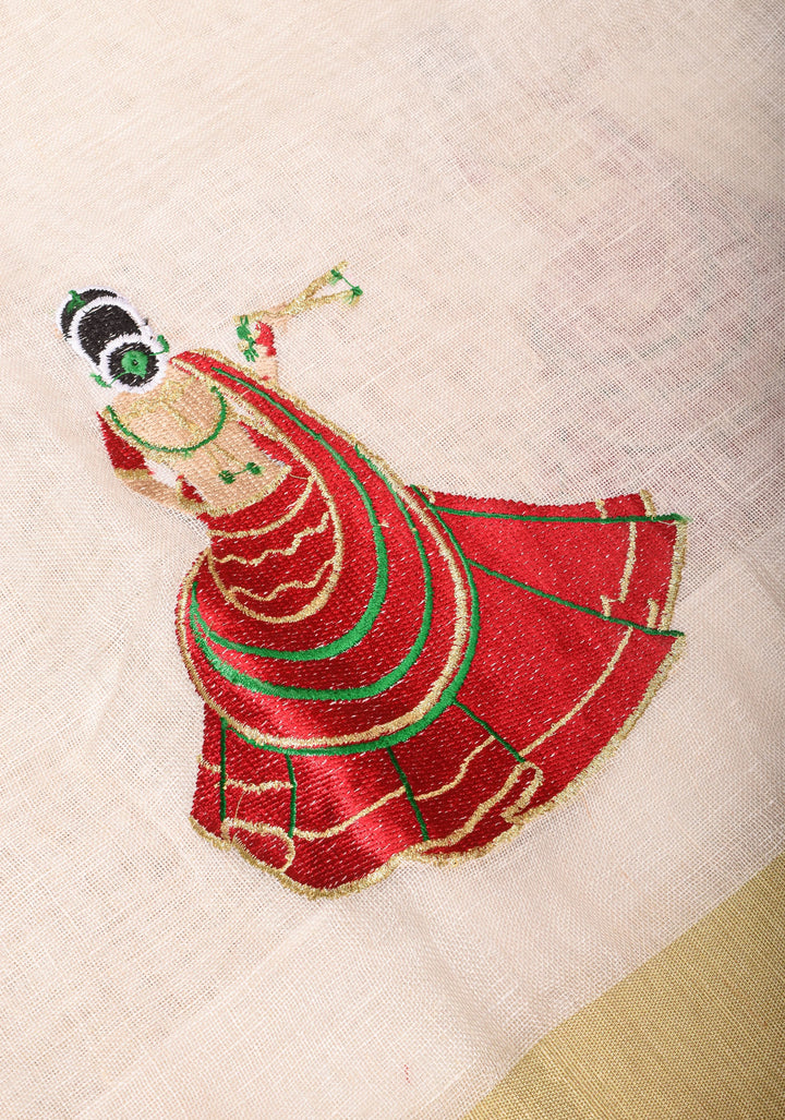 Vidya Balan Dandiya Embroidery on Off White Pure Linen by Linen Saree with Green Borders