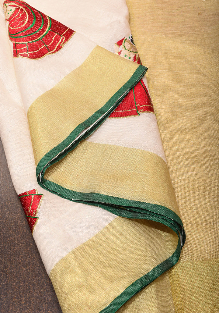 Vidya Balan Dandiya Embroidery on Off White Pure Linen by Linen Saree with Green Borders