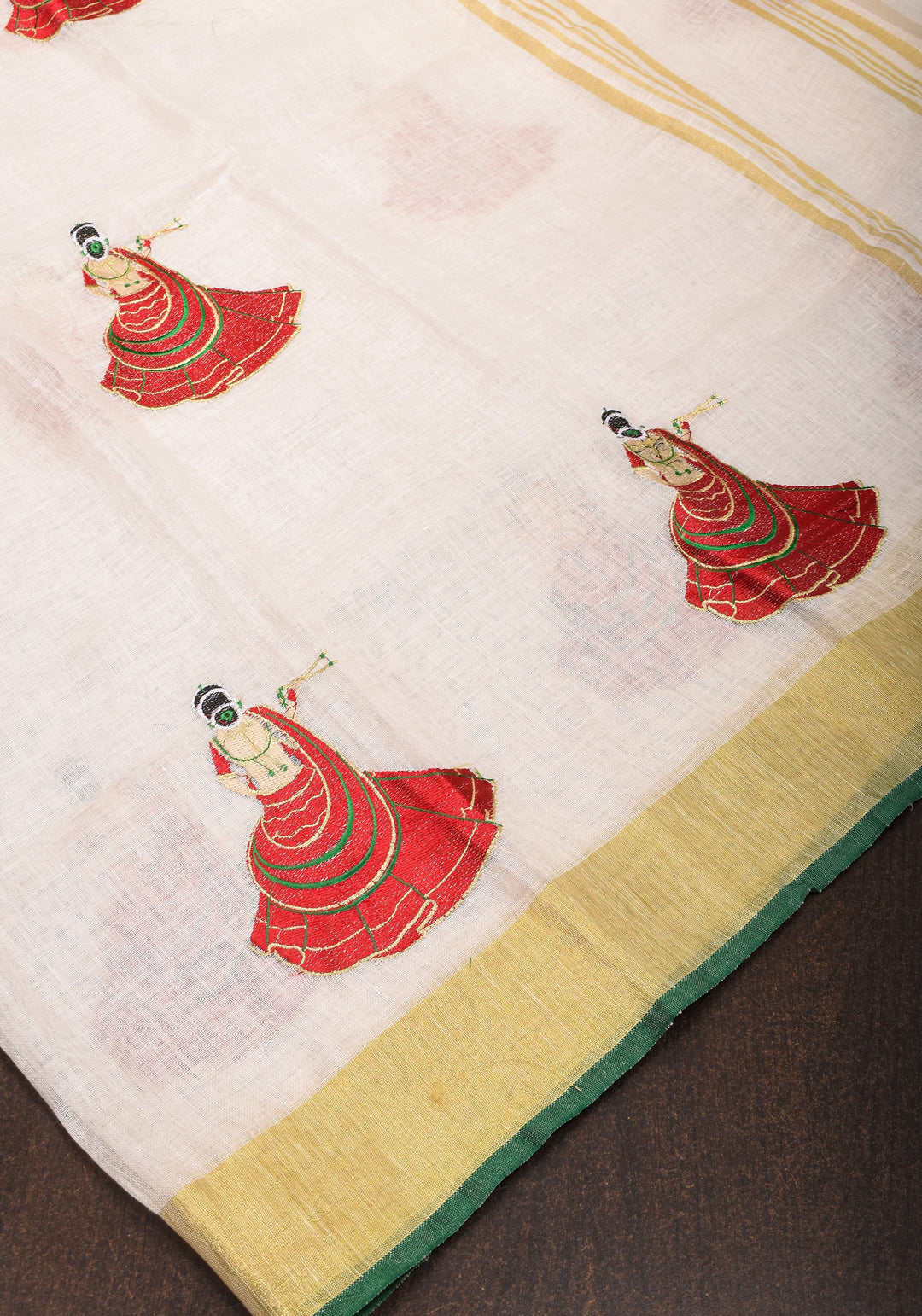 Vidya Balan Dandiya Embroidery on Off White Pure Linen by Linen Saree with Green Borders