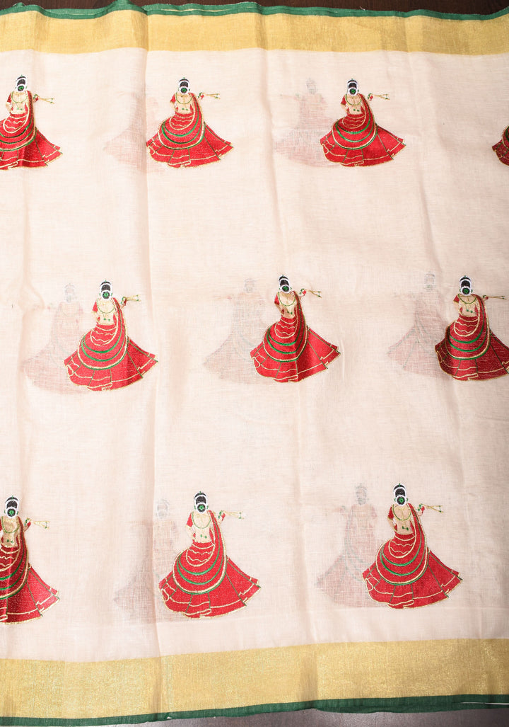 Vidya Balan Dandiya Embroidery on Off White Pure Linen by Linen Saree with Green Borders
