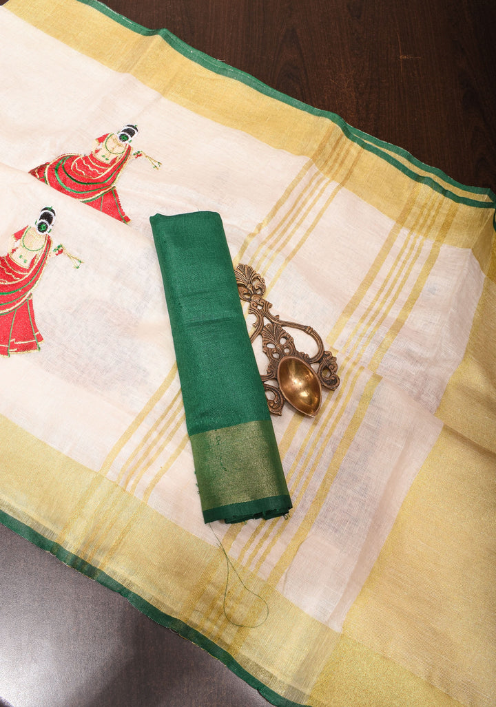 Vidya Balan Dandiya Embroidery on Off White Pure Linen by Linen Saree with Green Borders