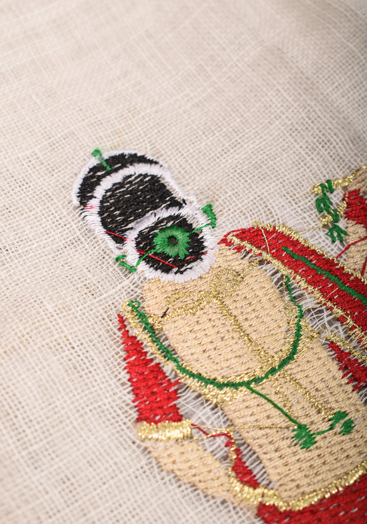 Vidya Balan Dandiya Embroidery on Off White Pure Linen by Linen Saree with Green Borders