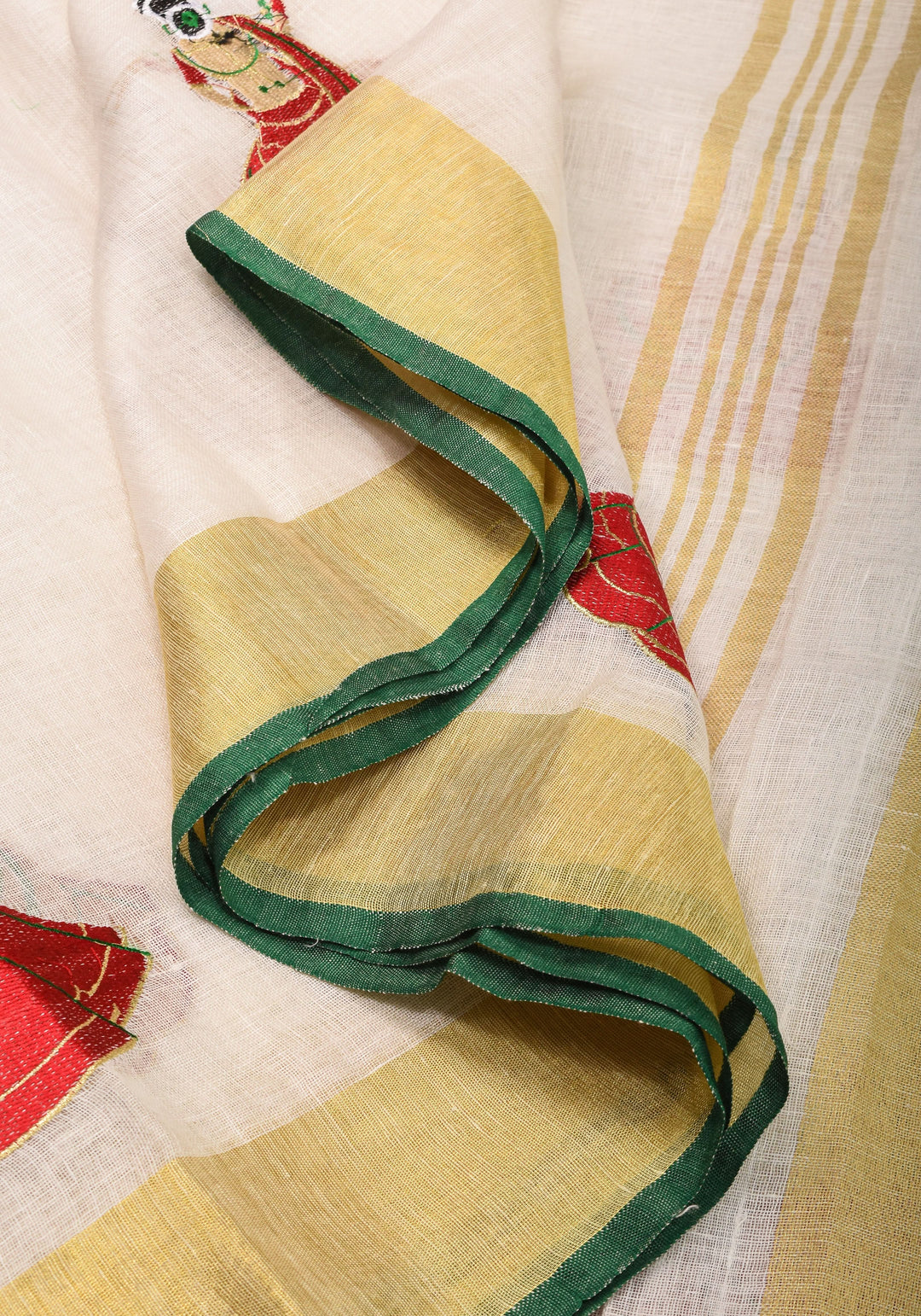 Vidya Balan Dandiya Embroidery on Off White Pure Linen by Linen Saree with Green Borders