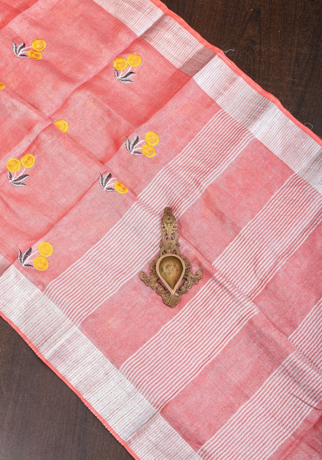 Tissue Linen Saree In Peach with Floral Embroidery | SHOBITAM