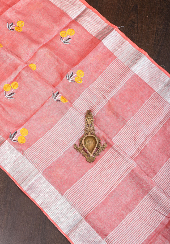 Tissue Linen Saree In Peach with Floral Embroidery | SHOBITAM