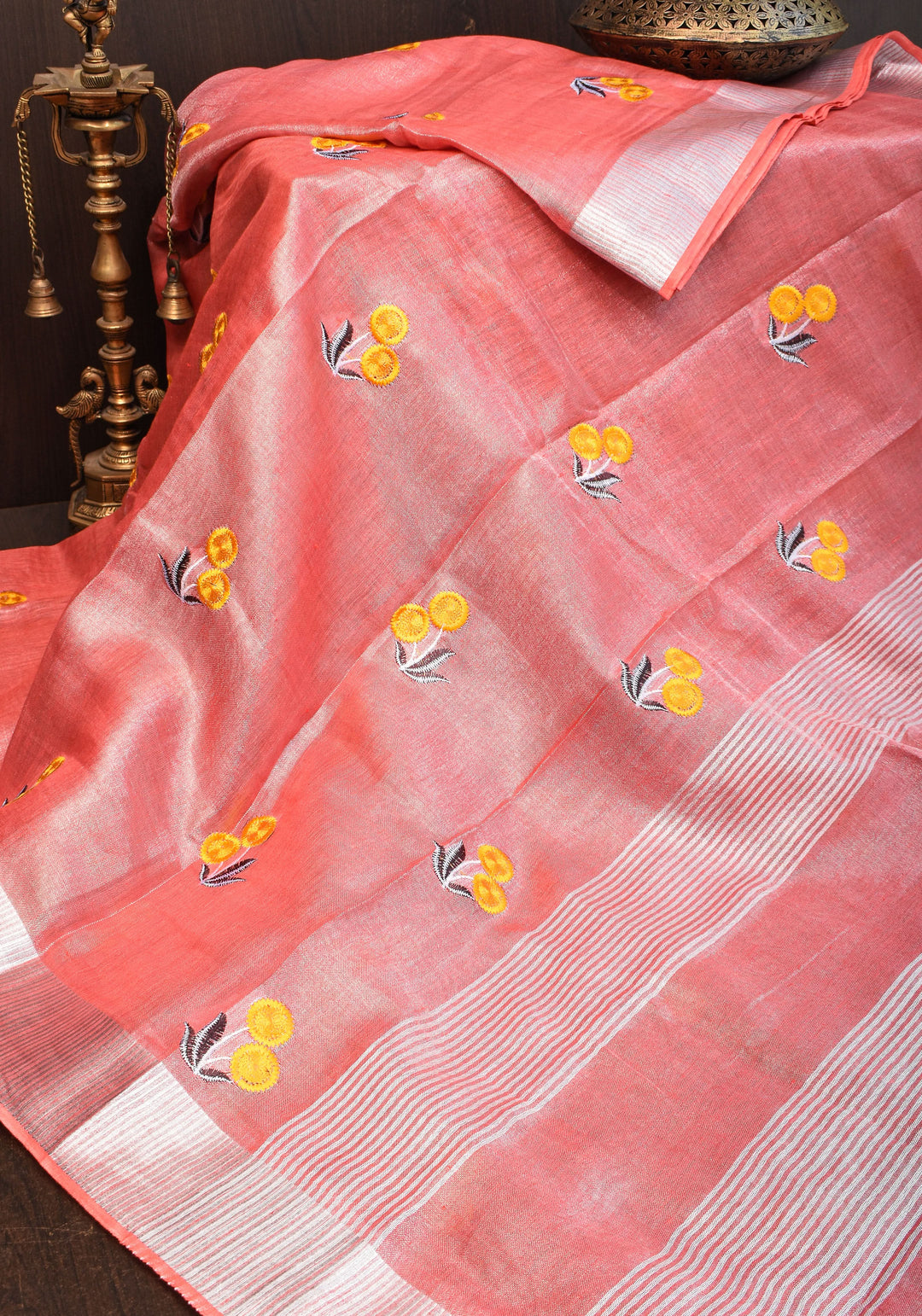 Tissue Linen Saree In Peach with Floral Embroidery | SHOBITAM