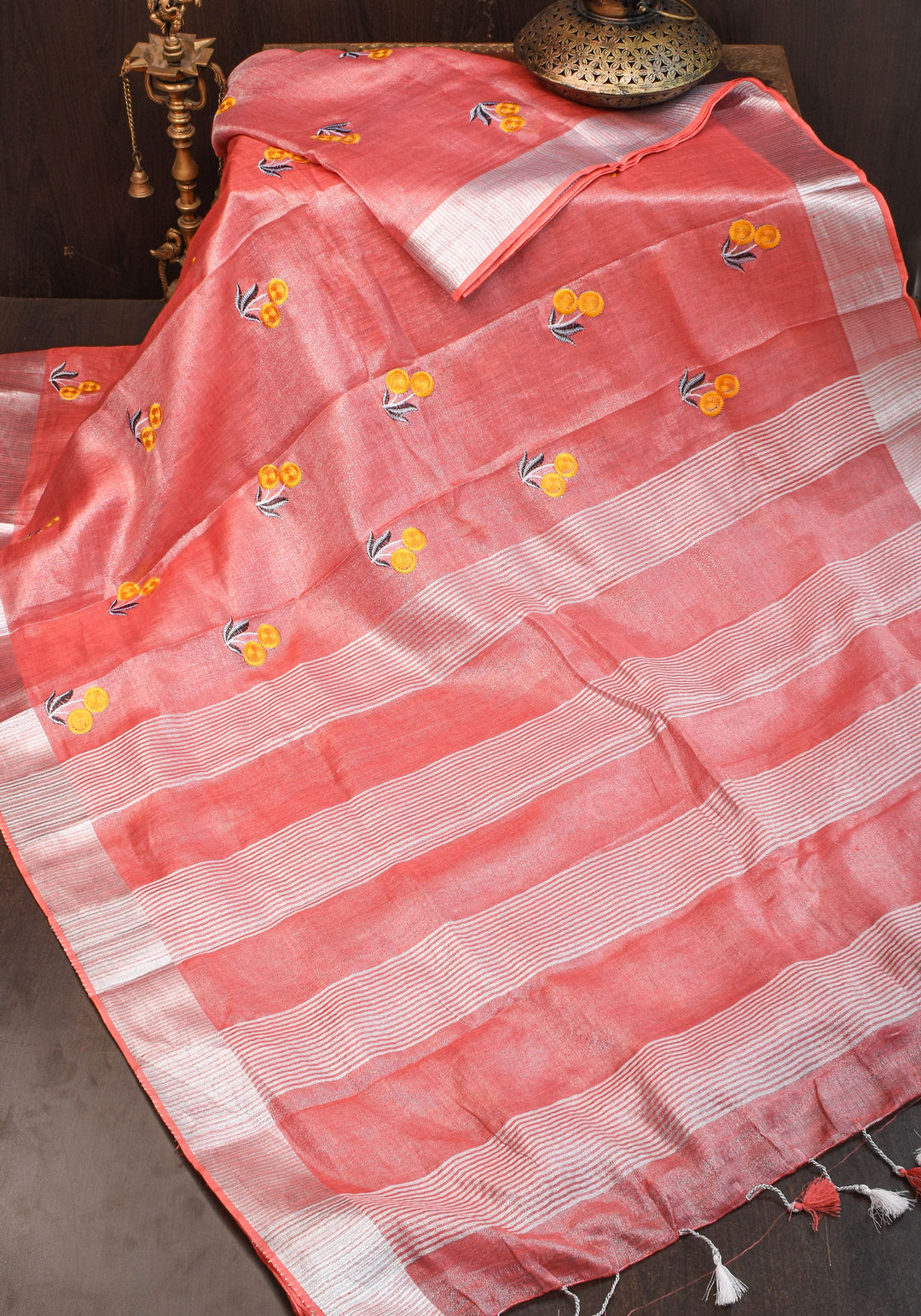 Tissue Linen Saree In Peach with Floral Embroidery | SHOBITAM