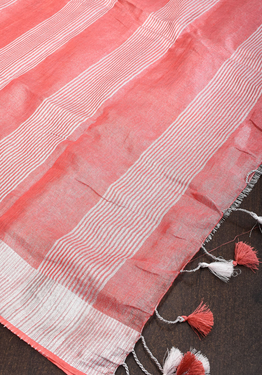 Tissue Linen Saree In Peach with Floral Embroidery | SHOBITAM