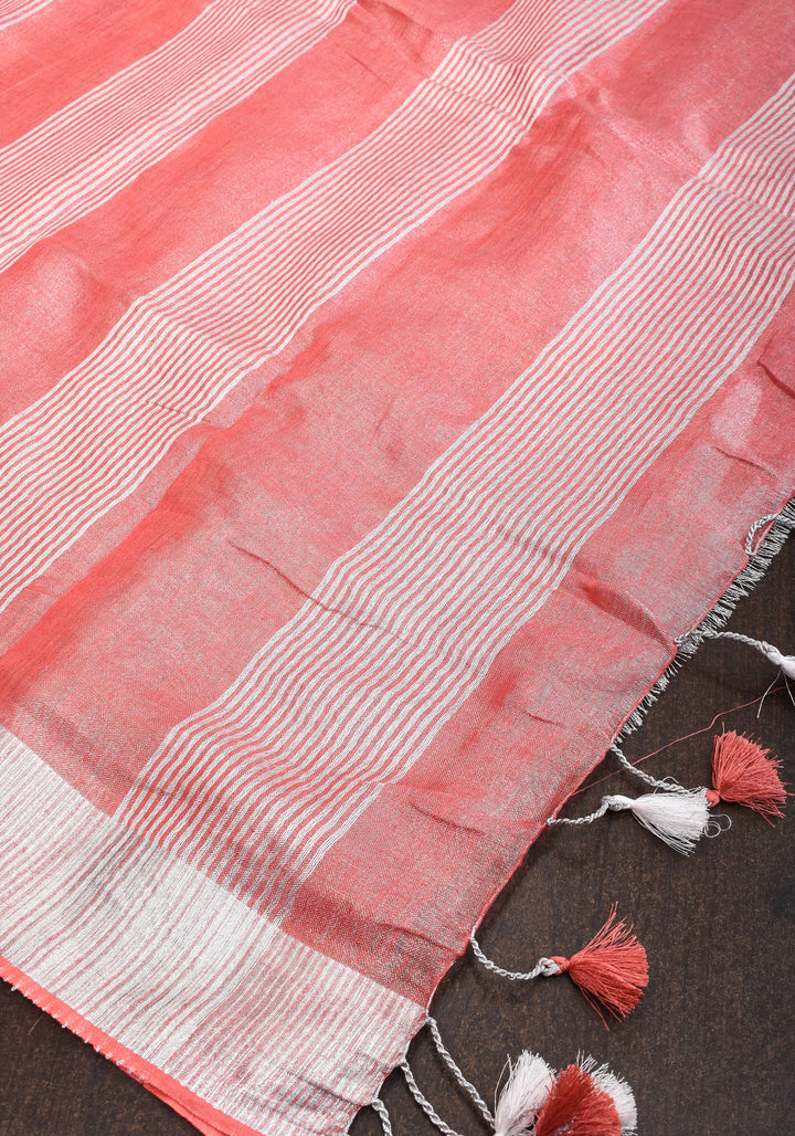 Tissue Linen Saree In Peach with Floral Embroidery | SHOBITAM