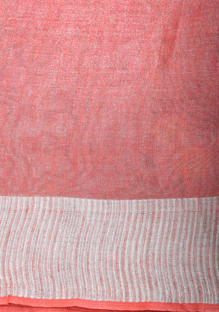 Tissue Linen Saree In Peach with Floral Embroidery | SHOBITAM
