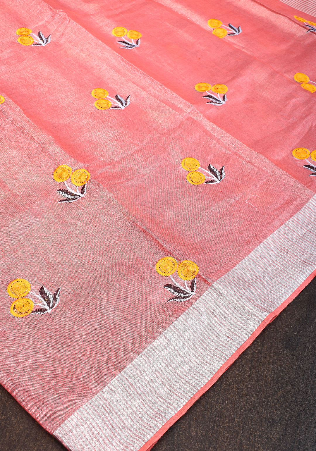Tissue Linen Saree In Peach with Floral Embroidery | SHOBITAM