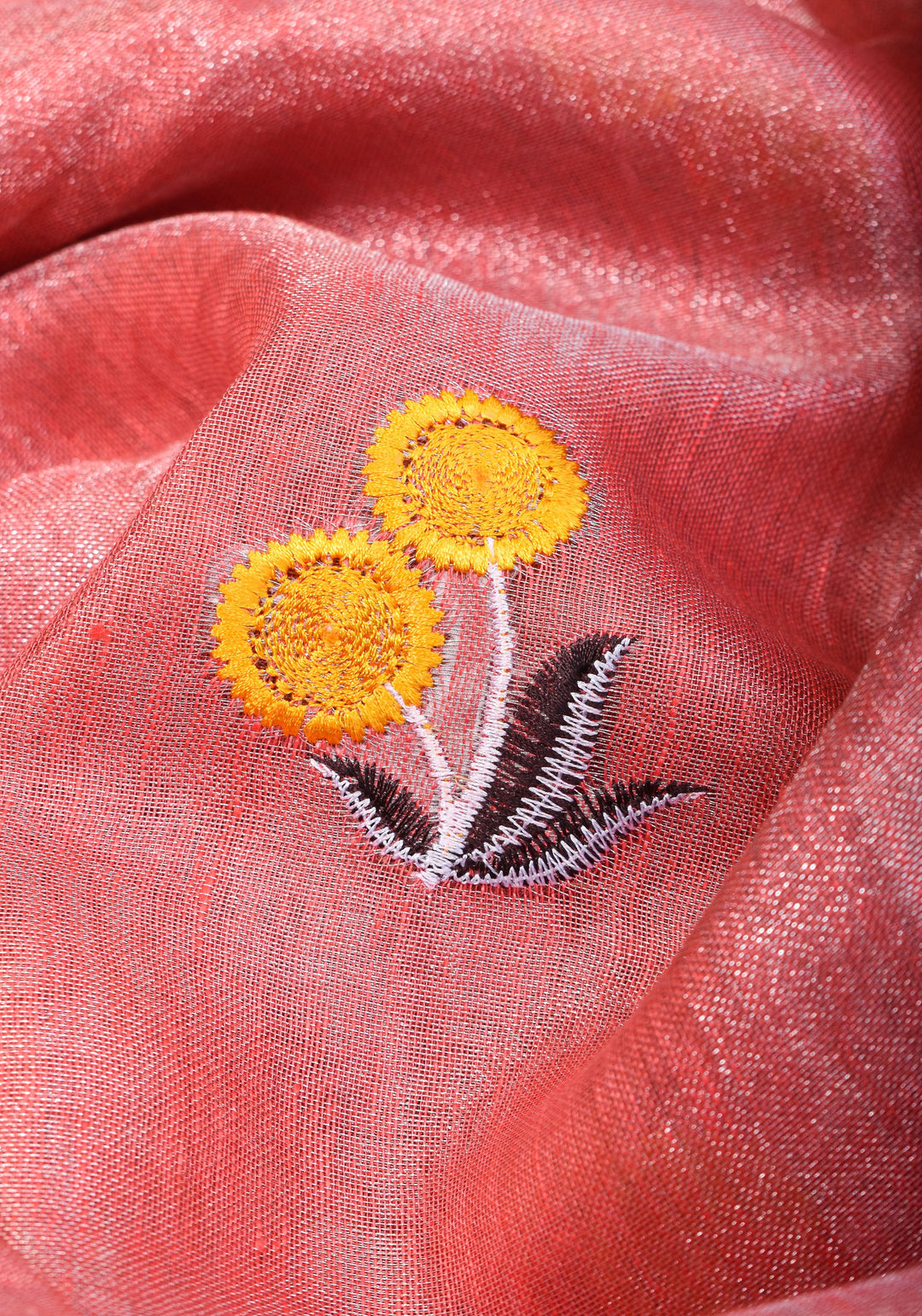 Tissue Linen Saree In Peach with Floral Embroidery | SHOBITAM