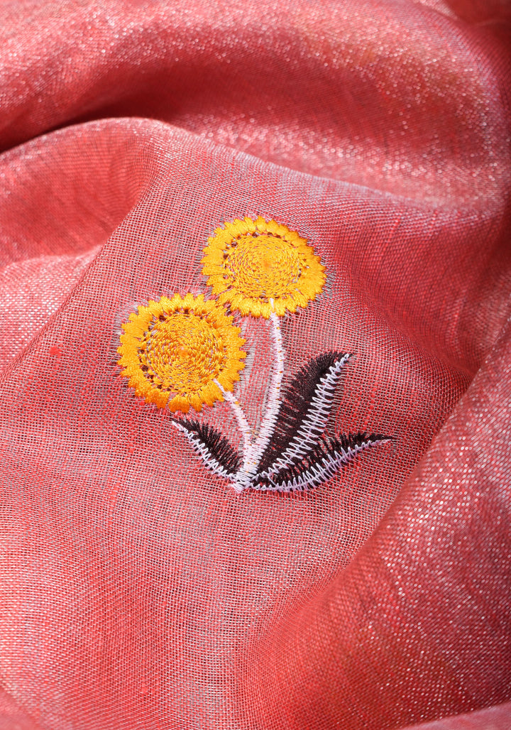 Tissue Linen Saree In Peach with Floral Embroidery | SHOBITAM