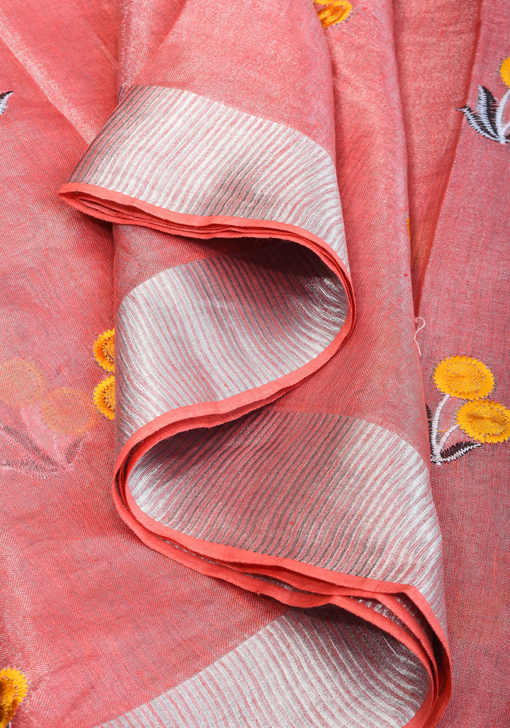Tissue Linen Saree In Peach with Floral Embroidery | SHOBITAM