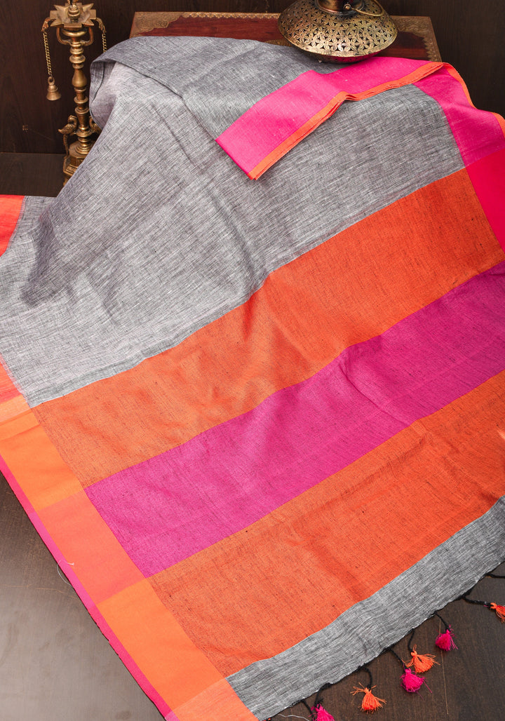 Linen by Linen Saree in Gray with Ganga Jamuna Borders