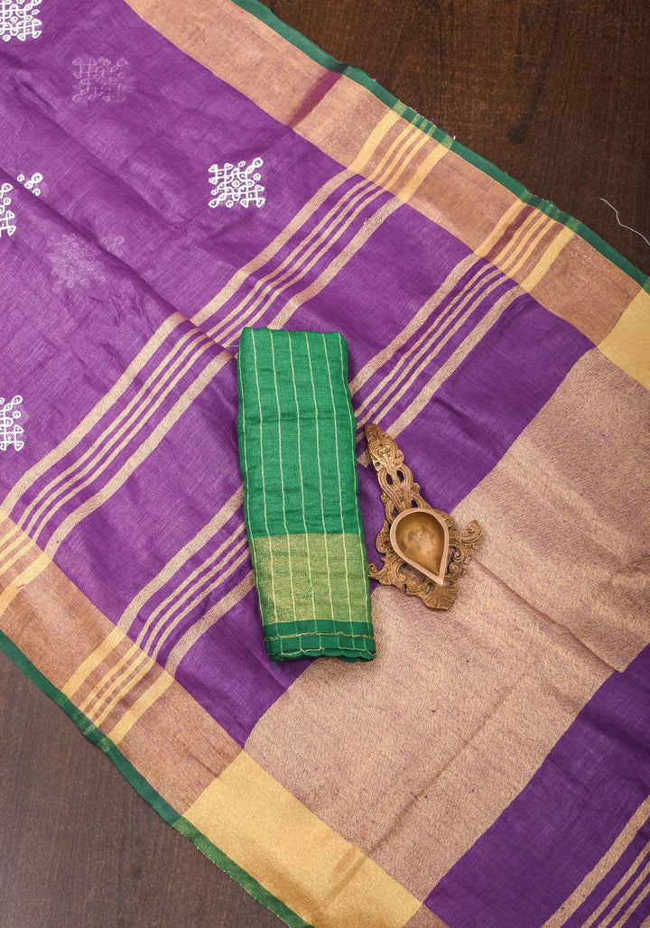 Pre order Kolam Design on Pure Linen by Linen Saree in Purple, Gold and Green
