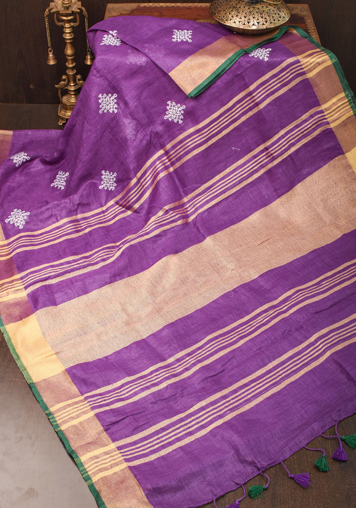 Pre order Kolam Design on Pure Linen by Linen Saree in Purple, Gold and Green