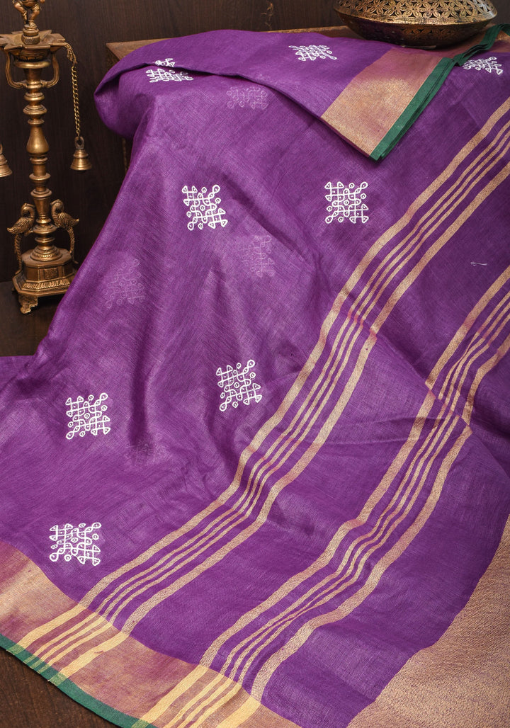 Pre order Kolam Design on Pure Linen by Linen Saree in Purple, Gold and Green