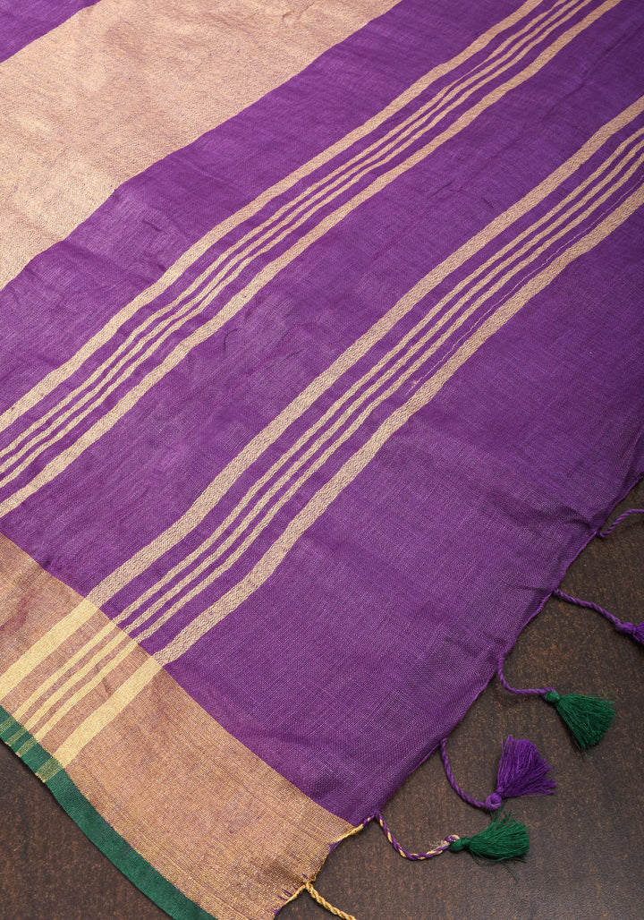 Pre order Kolam Design on Pure Linen by Linen Saree in Purple, Gold and Green