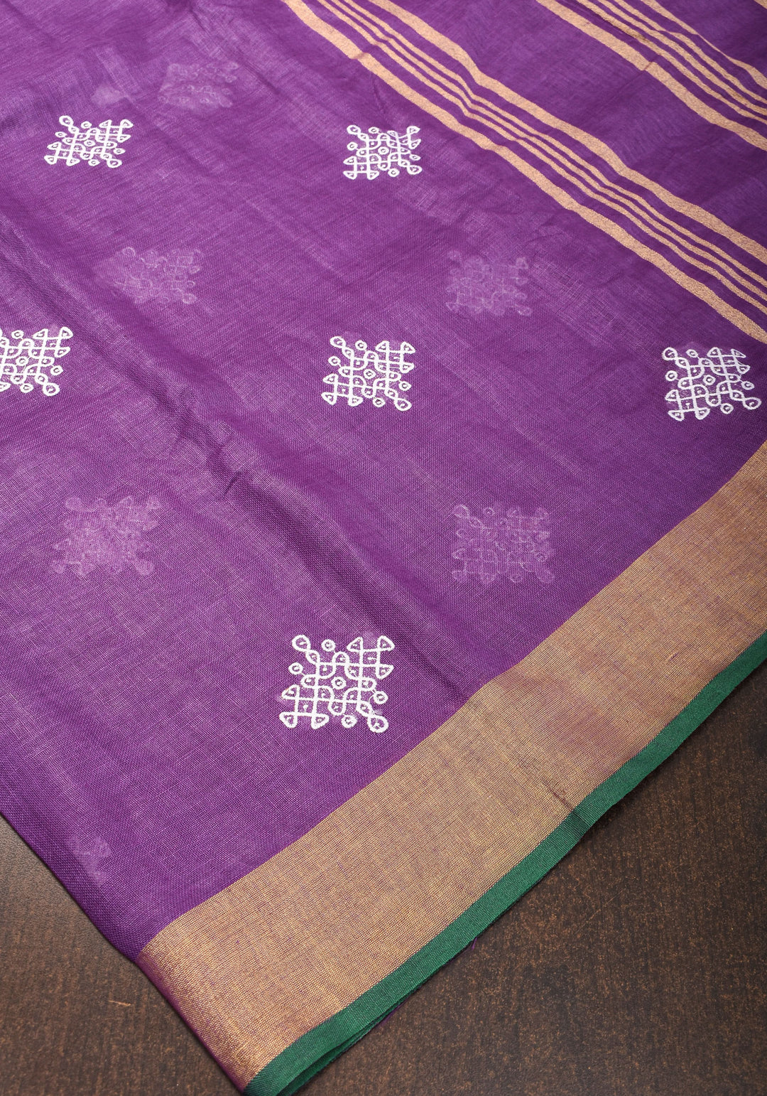Pre order Kolam Design on Pure Linen by Linen Saree in Purple, Gold and Green