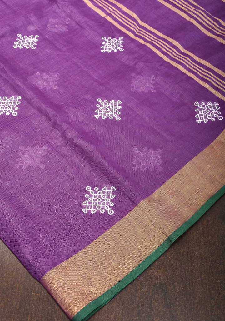 Pre order Kolam Design on Pure Linen by Linen Saree in Purple, Gold and Green