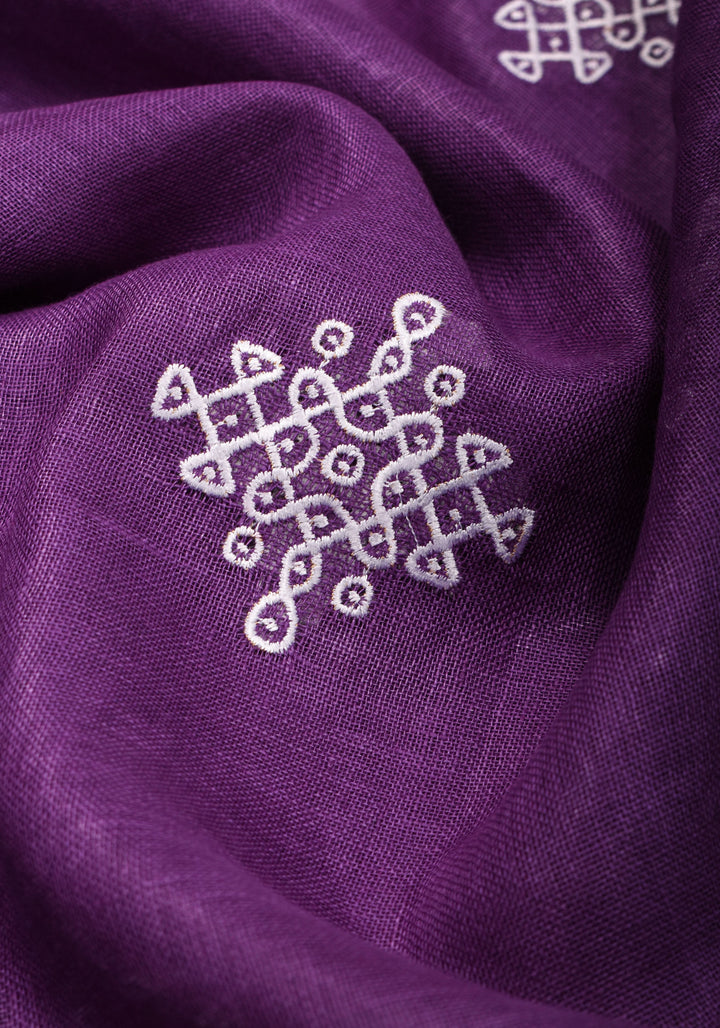 Pre order Kolam Design on Pure Linen by Linen Saree in Purple, Gold and Green
