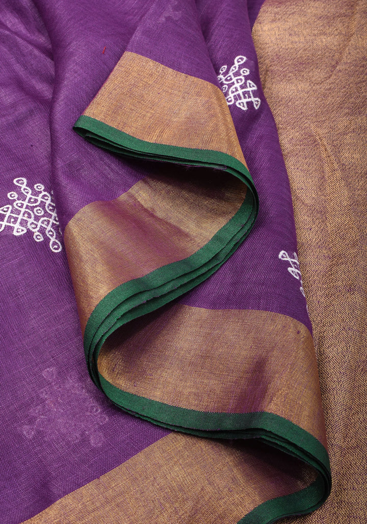 Pre order Kolam Design on Pure Linen by Linen Saree in Purple, Gold and Green