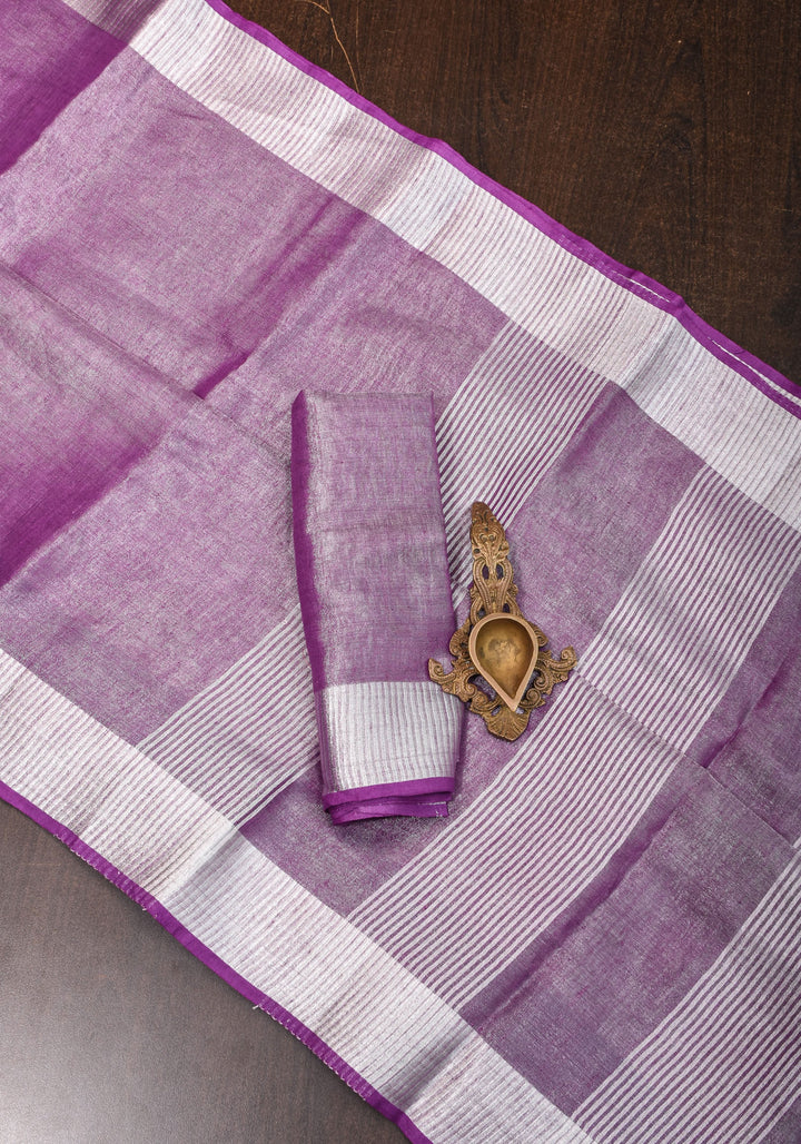 Purple & Silver Tissue Linen partywear Saree with silver zari borders and long tassels!
