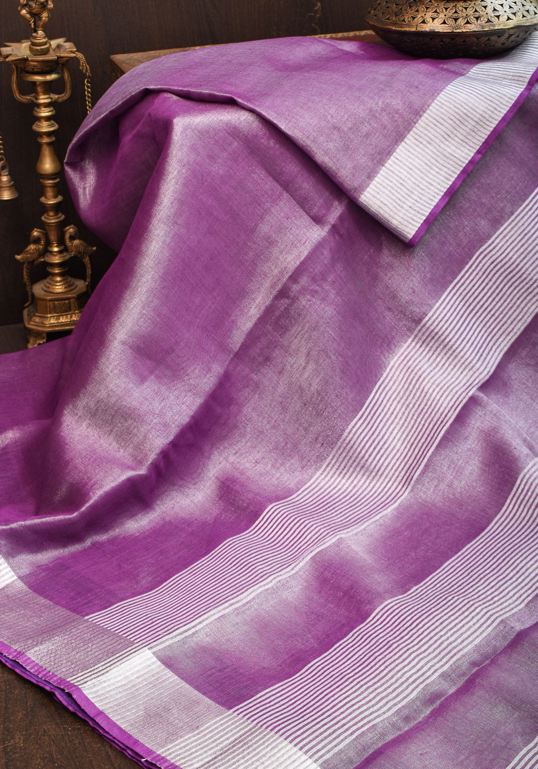 Purple & Silver Tissue Linen partywear Saree with silver zari borders and long tassels!