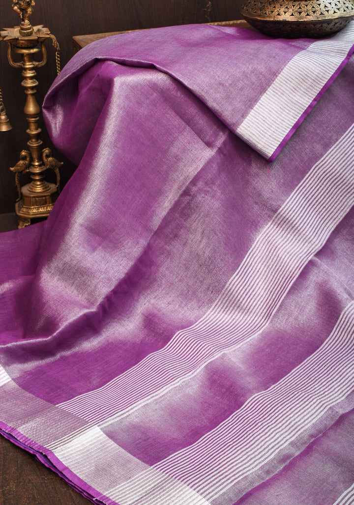 Purple & Silver Tissue Linen partywear Saree with silver zari borders and long tassels!