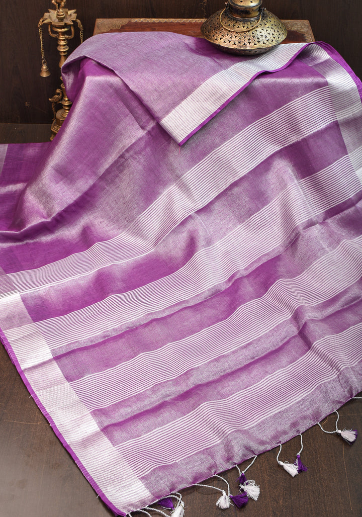 Purple & Silver Tissue Linen partywear Saree with silver zari borders and long tassels!
