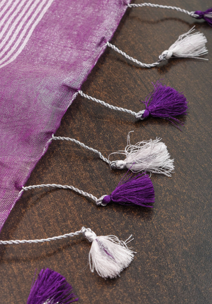 Purple & Silver Tissue Linen partywear Saree with silver zari borders and long tassels!
