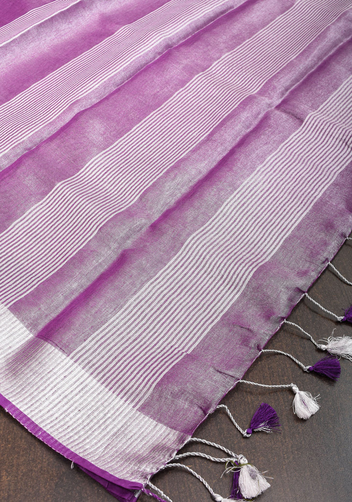 Purple & Silver Tissue Linen partywear Saree with silver zari borders and long tassels!