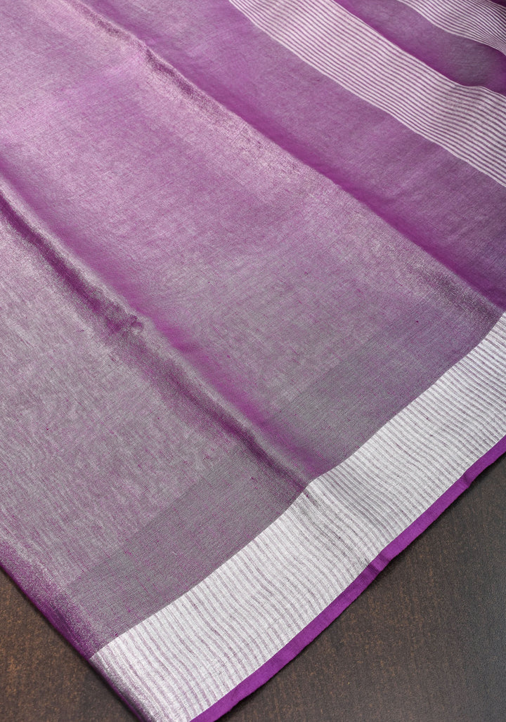 Purple & Silver Tissue Linen partywear Saree with silver zari borders and long tassels!