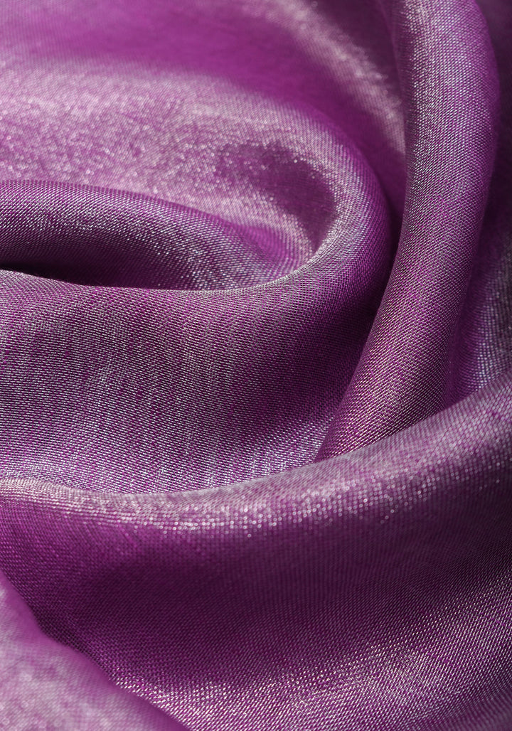 Purple & Silver Tissue Linen partywear Saree with silver zari borders and long tassels!