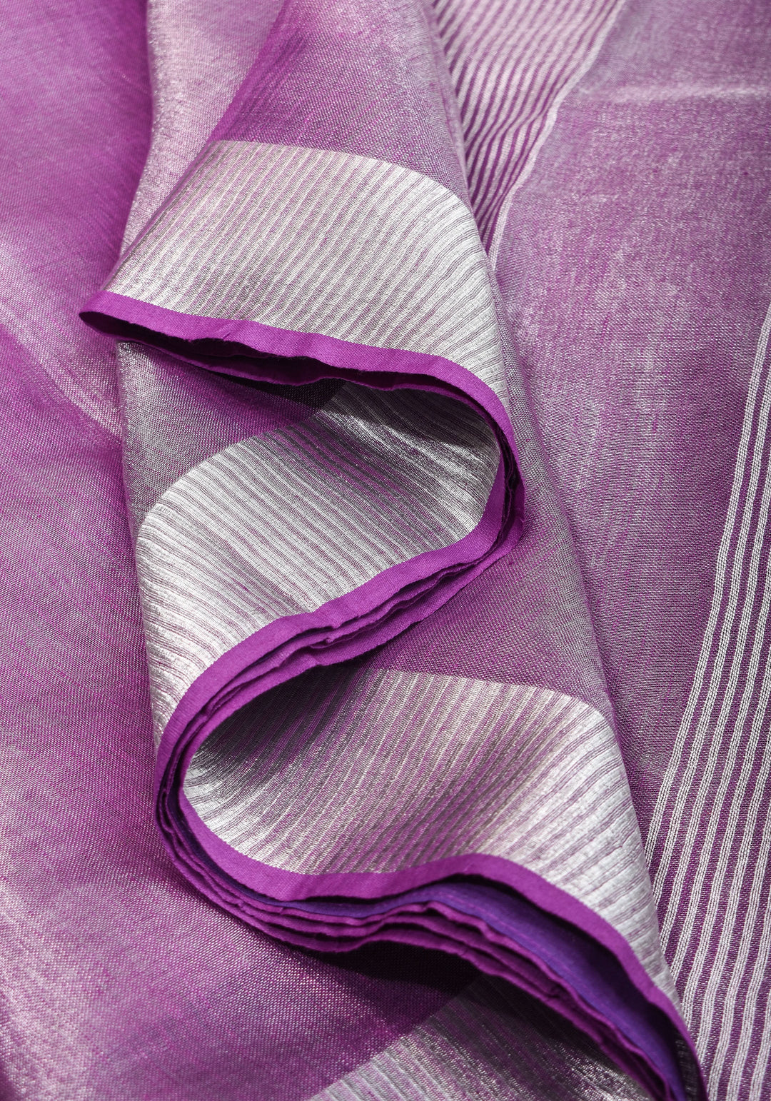 Purple & Silver Tissue Linen partywear Saree with silver zari borders and long tassels!
