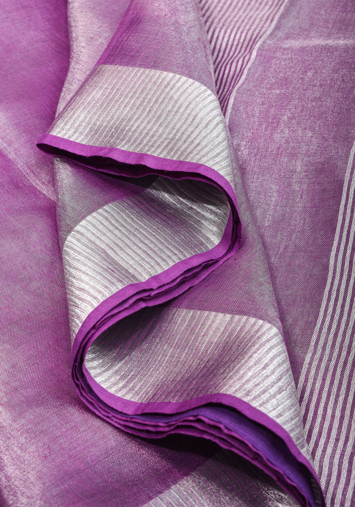 Purple & Silver Tissue Linen partywear Saree with silver zari borders and long tassels!