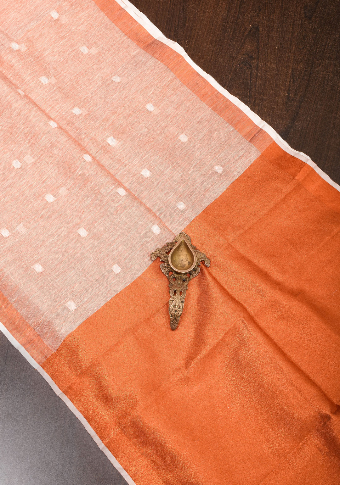 Peach Copper Tissue Linen Saree with Chunri Buttas and Tissue Pallu