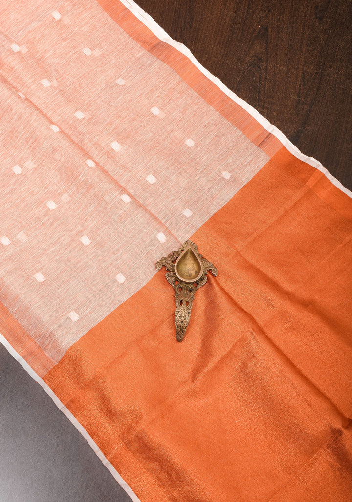 Peach Copper Tissue Linen Saree with Chunri Buttas and Tissue Pallu