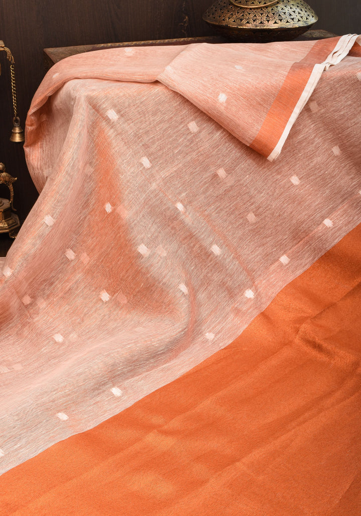 Peach Copper Tissue Linen Saree with Chunri Buttas and Tissue Pallu