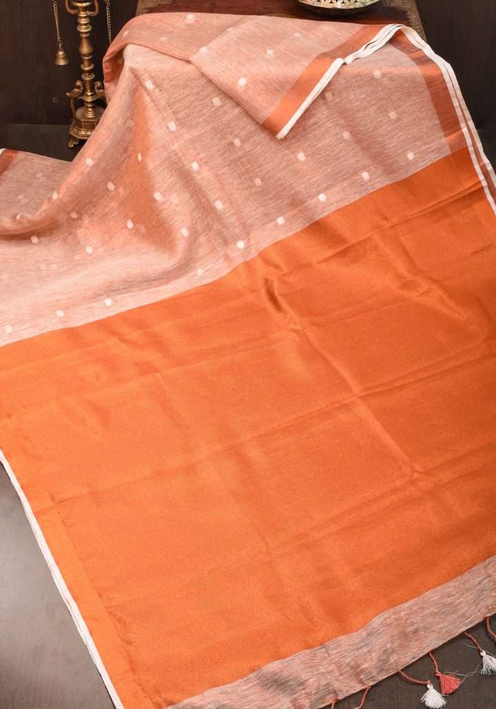 Peach Copper Tissue Linen Saree with Chunri Buttas and Tissue Pallu