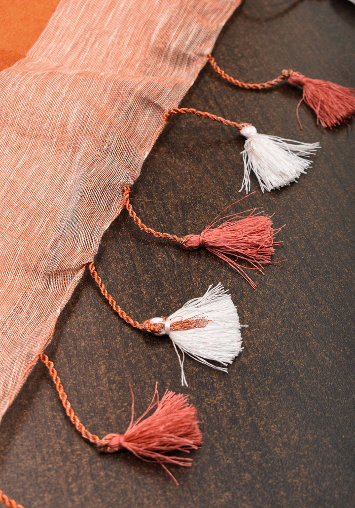 Peach Copper Tissue Linen Saree with Chunri Buttas and Tissue Pallu