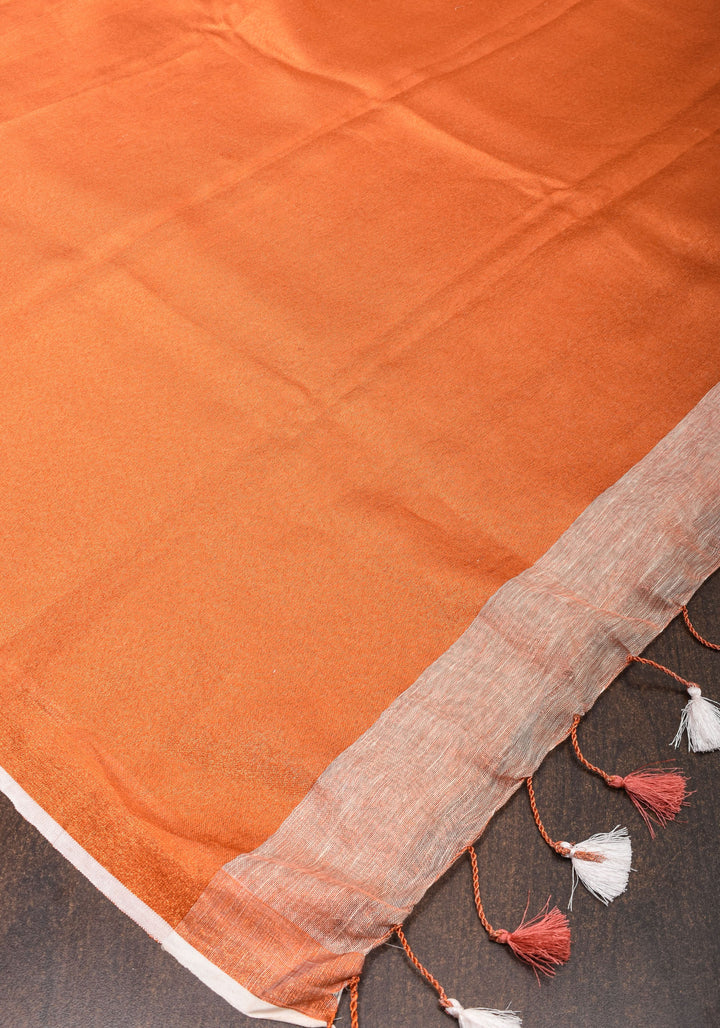 Peach Copper Tissue Linen Saree with Chunri Buttas and Tissue Pallu