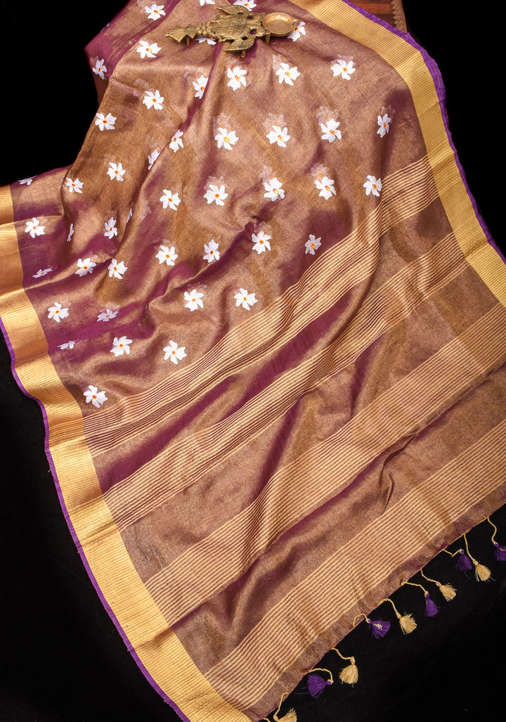 Parijaat Flower Embroidery Tissue Linen Saree in Purple | Shobitam saree