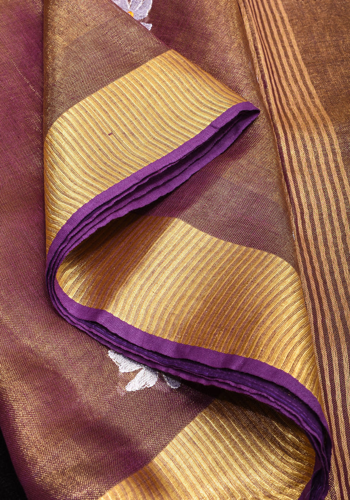 Parijaat Flower Embroidery Tissue Linen Saree in Purple | Shobitam saree